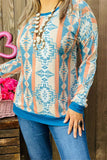 GJQ10223 Solid blue neckline/cuff/hem &Aztec multi color printed long sleeve women top(AS5)