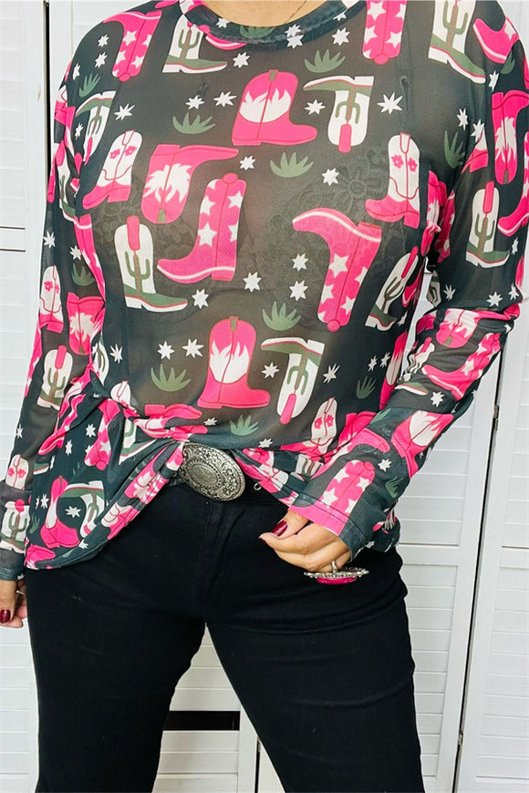 Wholesale women's t-shirt Boots printed sheer long sleeve tops BQ13778 (BS6)