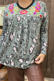 XCH14775 Camo/Leopard printed multi color embroidery black neckline long sleeve women tops