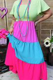 BQ14640-1 Green/pink/blue/fuchsia women long dress w/elastic upper short sleeve/ruffle w/side pockets