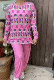 DLH15362 "Small people"printed long sleeve top &solid pink pants women pajamas sets