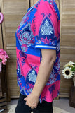 XCH15899 Paisley graphic multi color printed short sleeve V-neckline w/cross straps women tops