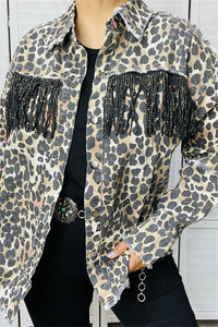 DLH13755 Leopard print rhinestone black tassel/fringe denim women coat/jacket