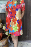 GJQ15681 Floral multi color printed short sleeve women midi dresses w/side pockets