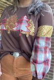 XCH15726 Christmas trees sequin&cloth patch sewing on the brown fabric w/checked printed long sleeve women tops