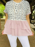 BQ14807 Leopard printed light pink block short sleeves double ruffle bottom baby doll women tops(GS1)