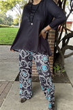 GJQ15672  Black 3/4 sleeve top&paisley turquoise/white color printed  pant 2pcs women sets