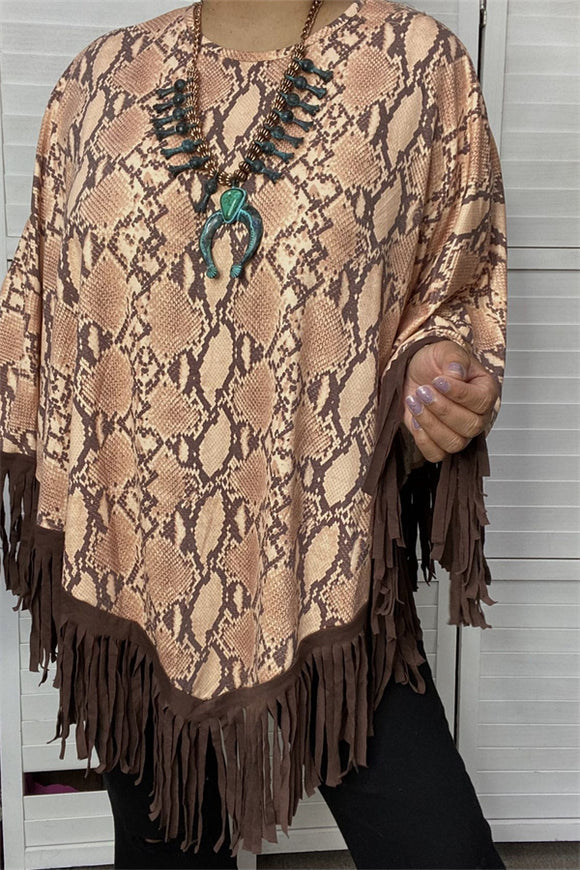 XCH13890 Snake printed poncho with brown fringe/tassel loose for women