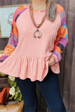 XCH15485 Floral multi color printed long sleeve pink solid color for body w/ruffle bottom women top raglan design