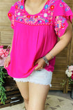 PA15539 Multi color embroidery short sleeve women fuchsia blouse/tops w/string
