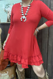 GJQ15500 Red solid color 3/4 sleeve double ruffle bottom w/side pockets women dresses