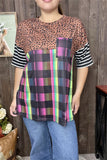 YMY9948  Plaid/leopard/white&black striped Multi color printed short sleeve women tops