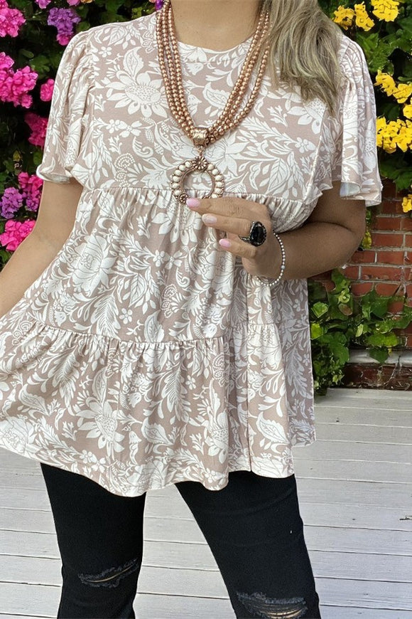 Shop western boutique clothing Khaki floral printed loose style women tops GJQ15595-1
