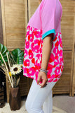 XCH14773 Fuchsia Leopard printed pink color block short sleeve baby doll women blouse/top (DS6)