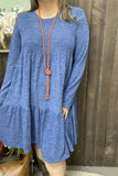 GJQ15503 Blue solid color long sleeve w/side pockets women dresses