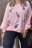 XCH15220 Santa Claus sequin patch in the baby pink bottom side split long sleeve women blouse