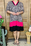 GJQ15746 Leopard printed fuchsia/black solid color short sleeve women dress w/side pockets