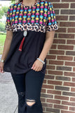 GJQ12647 Black Aztec & leopard multi color printed short sleeve women top  (AS12)