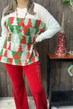 BQ15418 Red/green Christmas tree printed drop shoulder long sleeve women tops