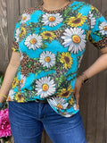 BQ12450 Daisy sunflower leopard multi color printed turquoise background short sleeves women tops