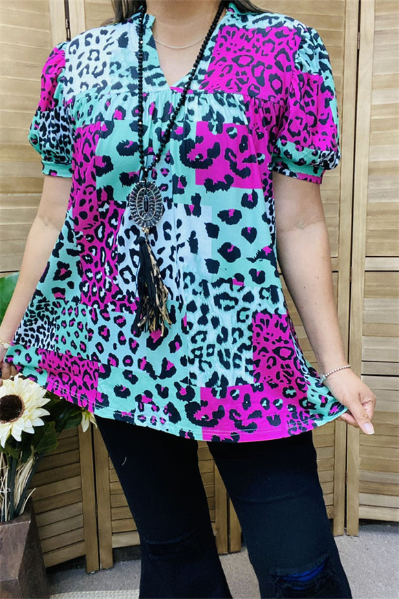 GJQ15598 Teal/fuchsia/black leopard printed short sleeve women tops w/v-neckline