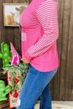 XCH15323 Floral&Cactus pink/white striped printed long sleeve/tighten cuff women tops