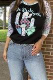 DLH10132 "WE STICK TOGETHER" cactus&leopard multi color printed 3/4 women's top IS8