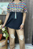 GJQ12647 Black Aztec & leopard printed women top w/ruffle short sleeves (AS12)