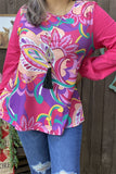 XCH15691 Teal paisley&floral multi color printed solid pink color long sleeve w/elastic cuff women tops