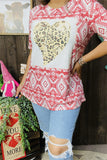 DLH12146  Leopard hearts&rust red Aztec printed short sleeve women tops