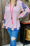 GJQ15675  Long sleeve w/chiffon fabric&blue/pink multi color printed women pink blouse