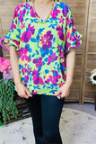 BQ15859 Teal&Turquoise multi color floral printed short sleeve w/double ruffle women mints tops