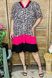 GJQ15746 Leopard printed fuchsia/black solid color short sleeve women dress w/side pockets