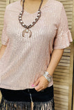 XCH15277-1 Baby pink sequin w/ruffle short sleeve for women top(ES10)