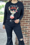 DLH10321-1 "Merry Christmas"words& reindeer w/ornaments multi color printed women black t-shirt w/long sleeve HS3