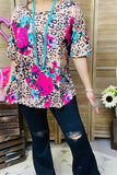 BQ15866 Leopard&fuchsia/teal floral multi color printed short sleeve women tops