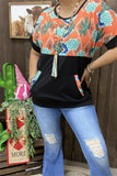 XCH9994 Cactus/Aztec orange multi color printed black block short sleeve women top w/front pocket(FS4)