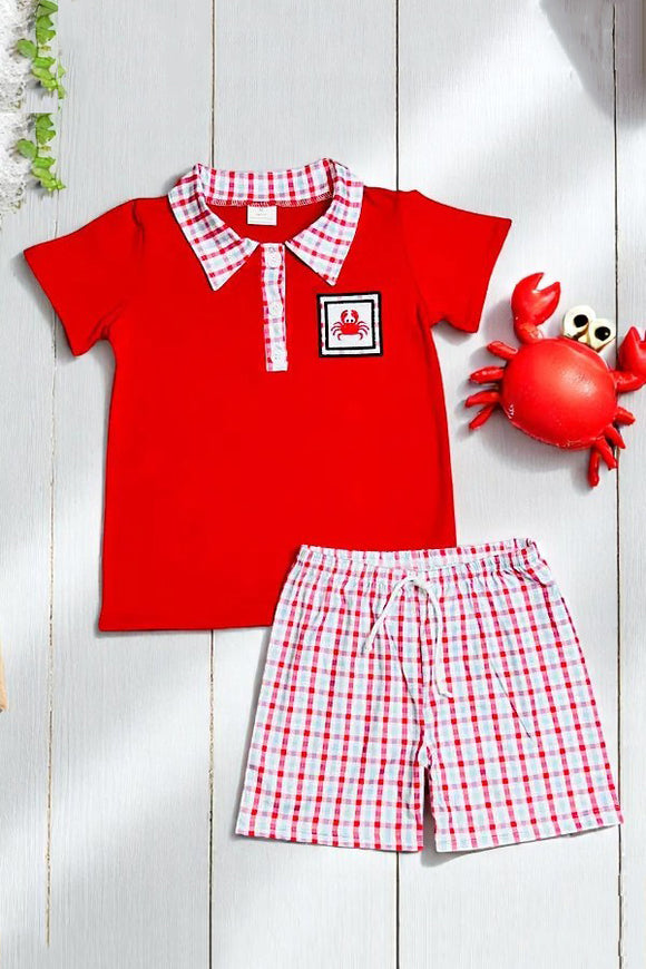 Boy's shorts set wholesale Embroidered crab red top & plaid short sets 1106WY (A3S7)