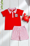 Boy's shorts set wholesale Embroidered crab red top & plaid short sets 1106WY (A3S7)