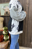 BQ15021 Cactus&dots solid gray black block printed long sleeve drop shoulder women tops IS22