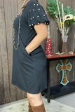 BQ15589 Black  bubble short sleeve w/pearl women dress w/side pockets