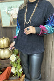 BQ15437 Colorful changeable sequin on the long sleeve black women blouse w/tighten cuff