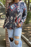 XCH15690 Aztec multi color printed women hoodie/tops w/string&front pockets long sleeve