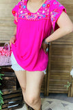 PA15539 Multi color embroidery short sleeve women fuchsia blouse/tops w/string