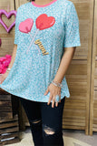 XCH14650 Mint leopard & red hearts printed short sleeve women top