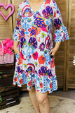 GJQ15875 Paisley&floral multi color printed 3/4 sleeve w/ruffle women dress w/side pockets