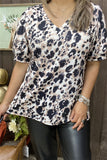 XCH15619 Black/light tan leopard printed short sleeve V-neckline women tops