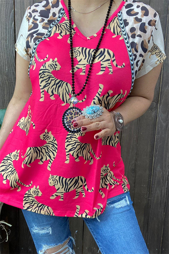 XCH14340 Tiger & Leopard printed color block short sleeves women tops