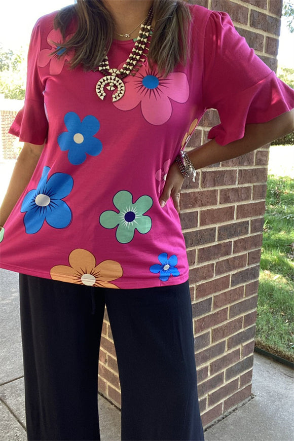 BQ15603 Sunflower multi color printed short sleeve women fuchsia tops