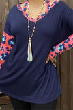 BQ10505 Navy blue cold shoulder women top w/leopard printed long sleeves